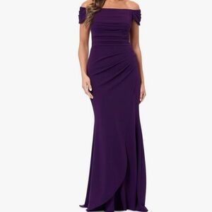Xscape Dani Long Scuba Crepe Off The Shoulder Rouched Dress In Plum